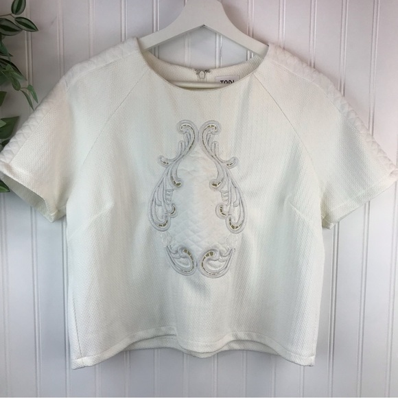 TOBI Boxy Top, Large, Cream Quilted Knit Detail, Embroidered, Short Sleeve - Picture 2 of 14